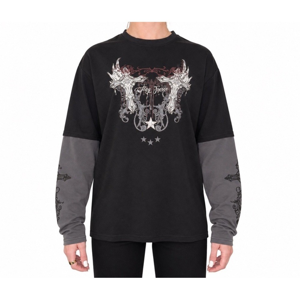 Stay Fierce Gothic Graphic Layered Long Sleeve Shirt